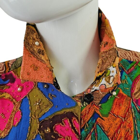 Bali Collection Beaded Womens Shirt OS Oversize Collared Button Up Colorful 80s - Picture 8 of 12